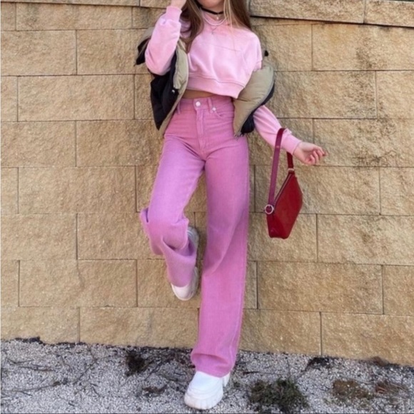 ZARA Bubblegum Pink Wide Leg High-Rise High Waisted Corduroy Pants Sz 0 Fit 00 - Picture 15 of 15